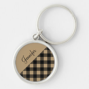 Modern Beige Buffalo Plaid Check Pattern Name Keychain