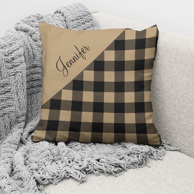 Modern Beige Buffalo Plaid Check Pattern Name Throw Pillow (Creator Uploaded)