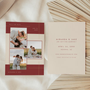 Modern Beige Burgundy Geometric Inline 3 Photo Save The Date