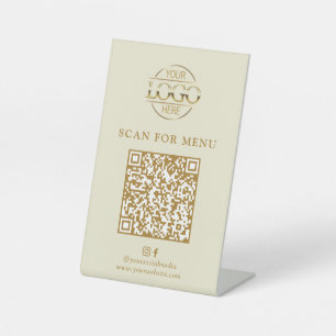 Modern Beige Business Logo Contactles QR Code Menu Pedestal Sign