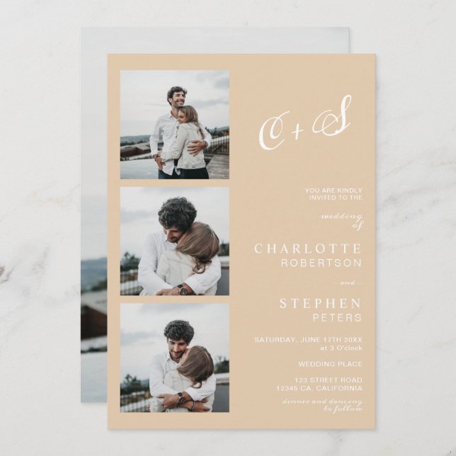 Modern beige casual initials photo wedding invitation (Front/Back)
