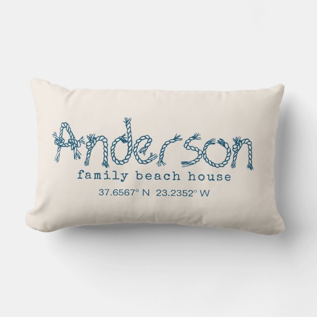 Modern beige coastal beach house family name lumbar pillow (Front)
