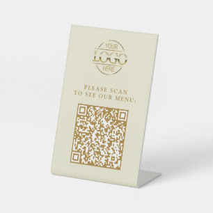 Modern Beige Custom Business Logo QR Code Menu  Pedestal Sign