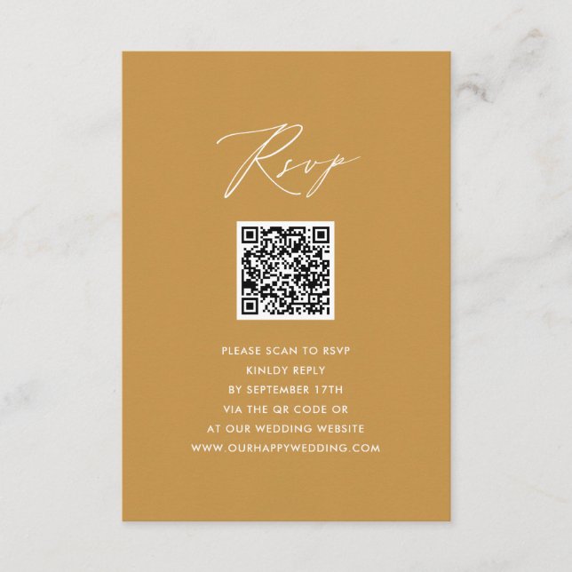 Modern Beige Elegant Script QR Wedding RSVP Enclosure Card (Front)