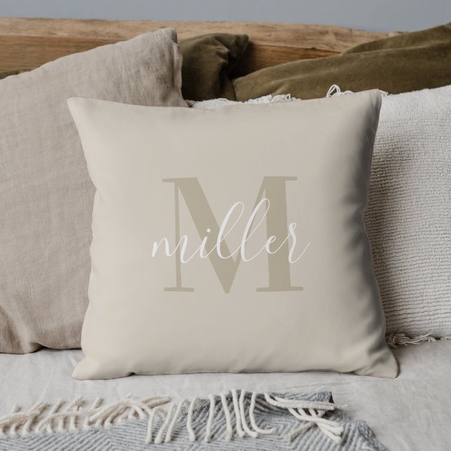 Modern Beige Family Name Monogram Throw Pillow (Creator Uploaded)