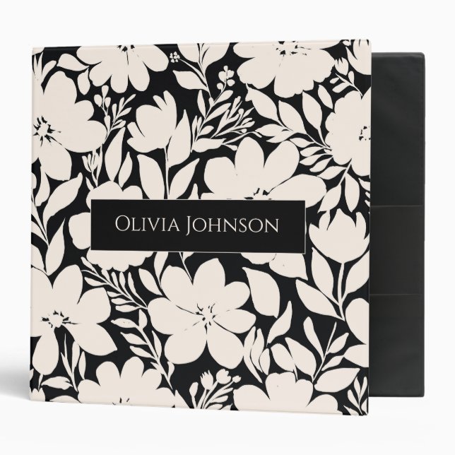 Modern Beige Flowers Black Botanical Binder (Front/Inside)