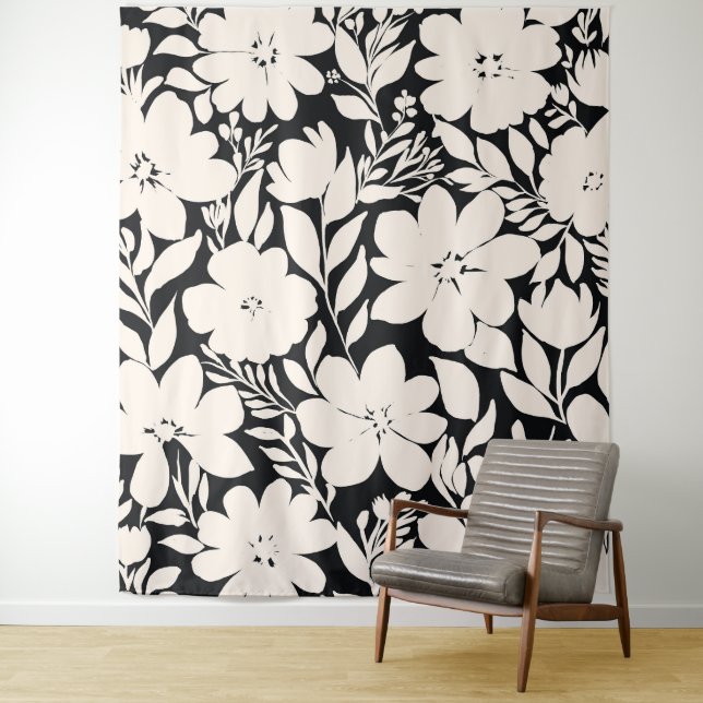 Modern Beige Flowers Black Botanical Tapestry (In Situ)