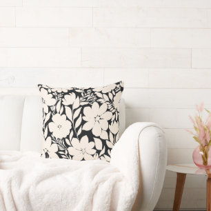 Modern Beige Flowers Black Botanical Throw Pillow