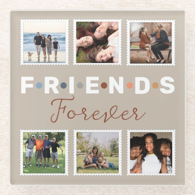 Modern Beige Friends Forever Photo Collage Glass Coaster (Front)