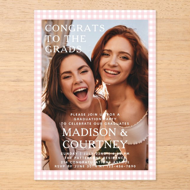 Modern Beige Gingham Photo Graduation Party Acrylic Invitations (Front)