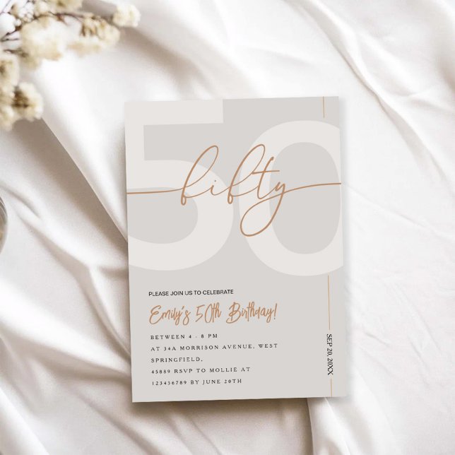 Modern Beige & Gold 50th Birthday Invitation (Creator Uploaded)