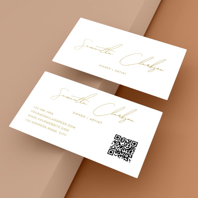 Modern Beige Gold Handwritten Script QR code Business Card (Creator Uploaded)