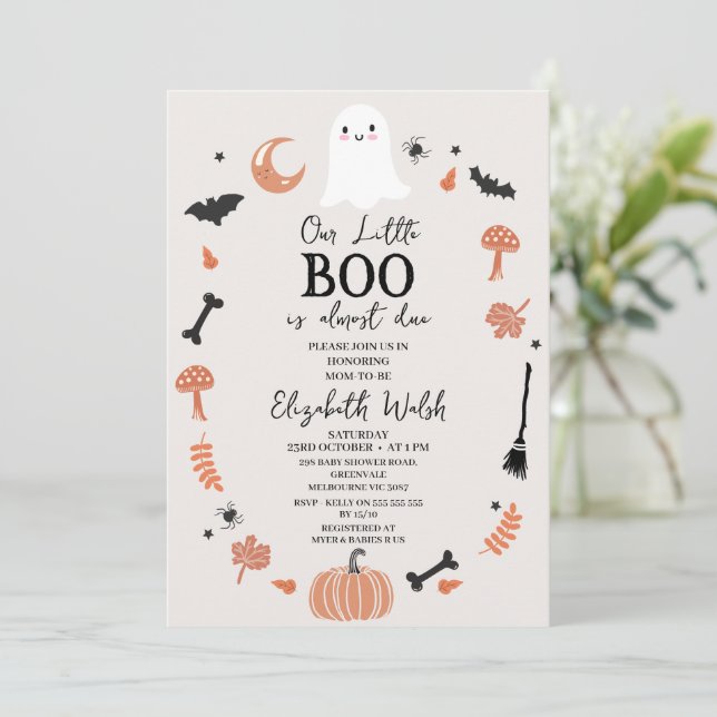 Modern Beige Halloween Little Boo Baby Shower  Invitation (Standing Front)