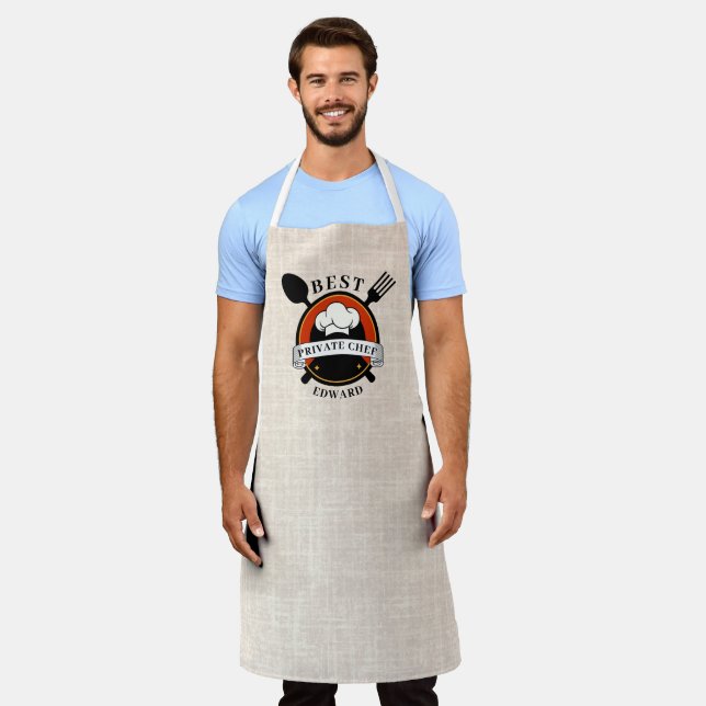 Modern Beige Linen Best Private Chef Personalized  Apron (Worn)