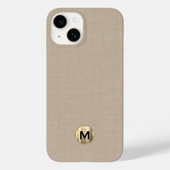 Modern Beige Linen Brushed Gold Monogram Case-Mate iPhone Case (Back)