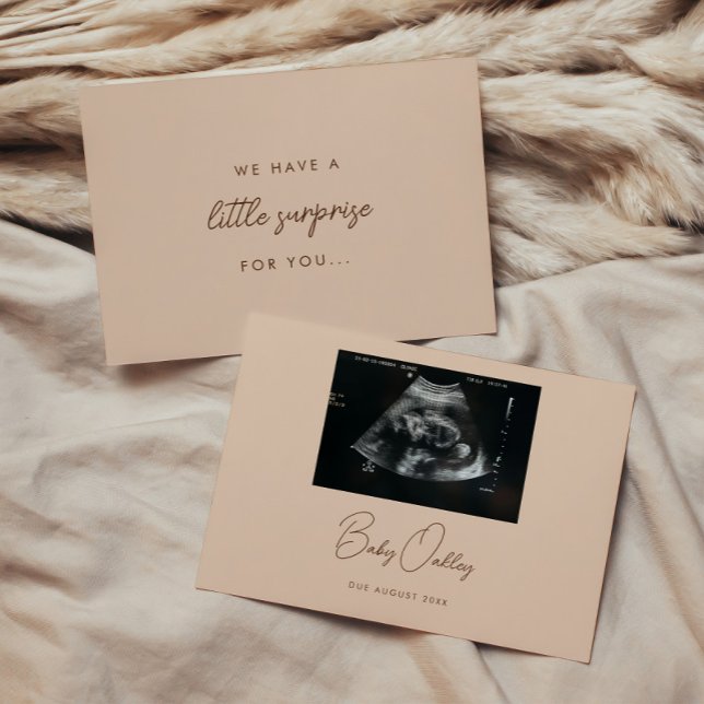 Modern Beige 'Little Surprise' Photo Pregnancy Announcement (Creator Uploaded)