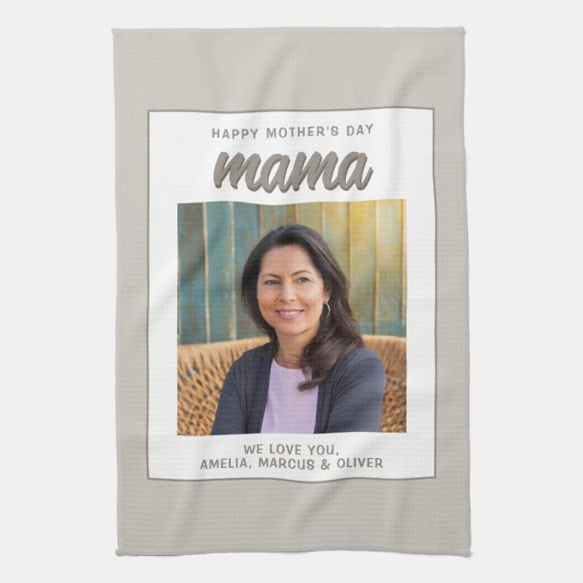 Modern Beige Mama Kids Photo Mother's Day  Kitchen Towel (Vertical)