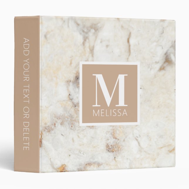 Modern Beige Marble White Monogram 3 Ring Binder (Front/Spine)
