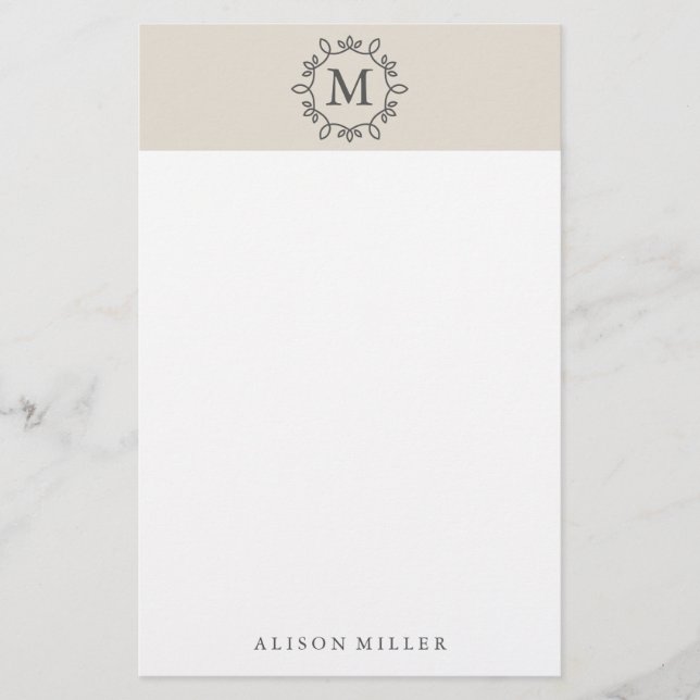Modern Beige Monogrammed Stationery (Front)