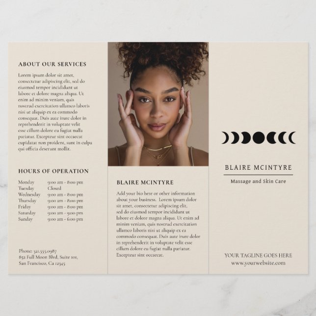 Modern Beige Moon Phases Elegant Tri-fold Brochure (Front)