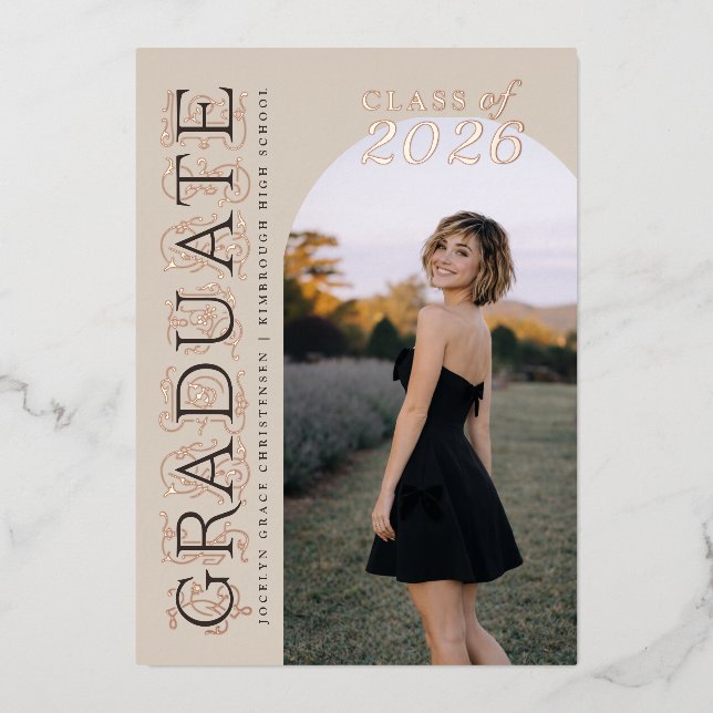 Modern Beige Neutral Photo Graduation Rose Gold (Front)