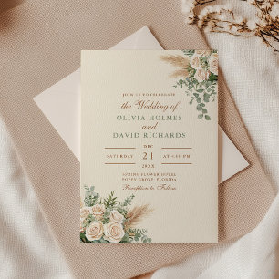 Modern Beige Pampas Grass Boho Wedding Invitation