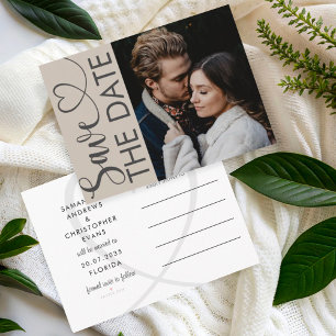Modern Beige Photo & Heart Save the Date Announcement Postcard