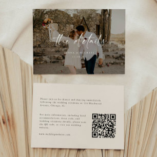 Modern Beige Photo Script Wedding Details Enclosure Card