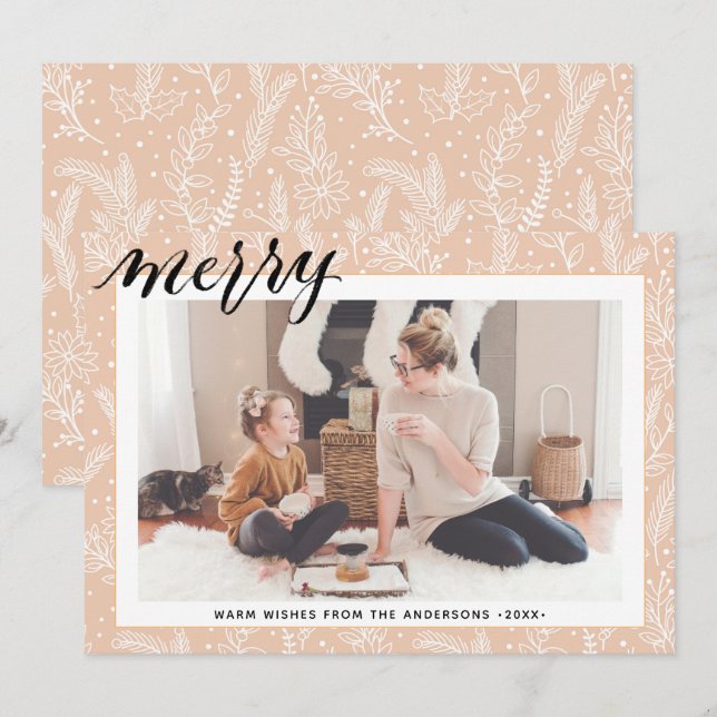 Modern Beige Pine Bough Script MERRY Minimalist Holiday Card (Front/Back)