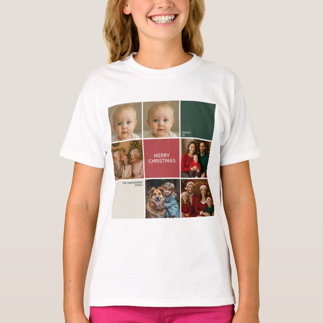 Modern beige Sage RED collage Christmas family T-Shirt (Front)