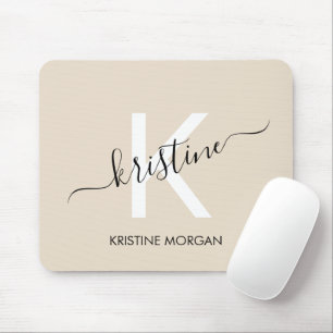 Modern beige script monogram name mouse pad