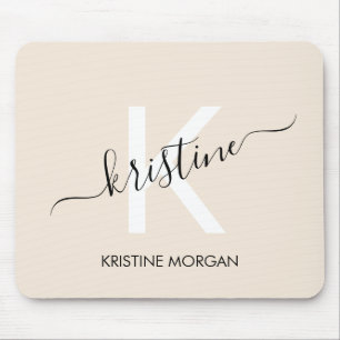 Modern beige script monogram name mouse pad