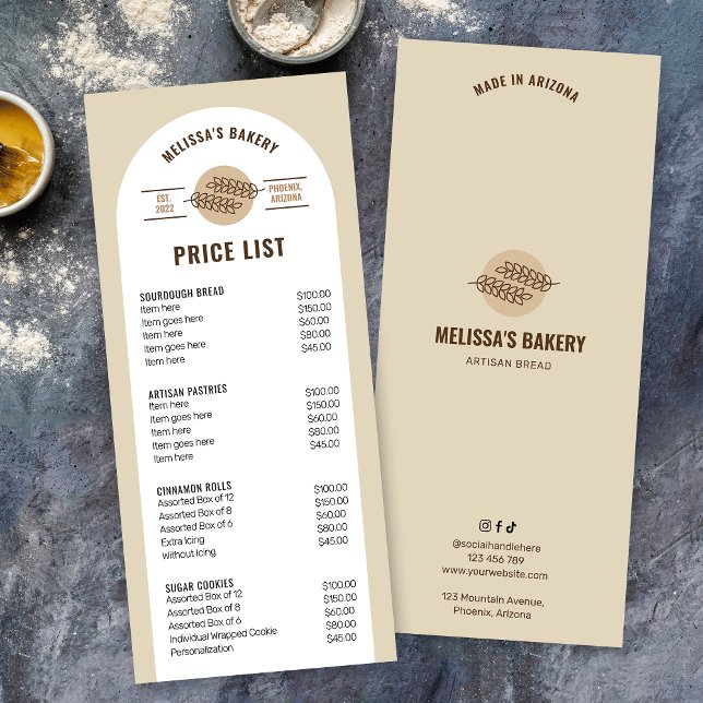 Modern Beige Sourdough Bread Bakery Price List Rack Card (Neutral beige food menu price list for bakery featuring modern arch design and bold typography)