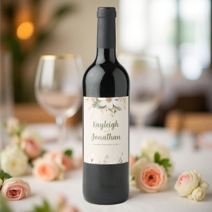 Modern Beige Watercolor Floral Wedding Wine Label