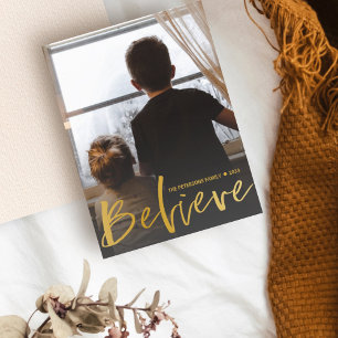 Modern Believe Gold Script Photo Christmas Postcard