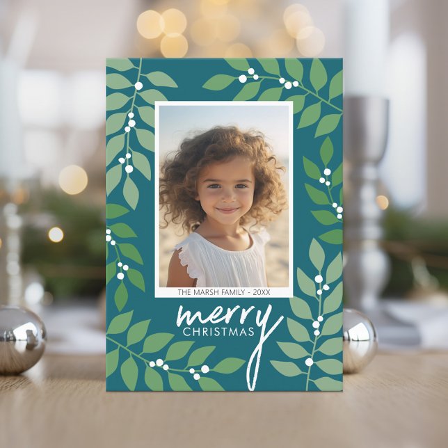 Modern berries eucalyptus branches - photo teal holiday card (A festive botanical holiday card with 1 photo and a rustic modern font for the greeting)