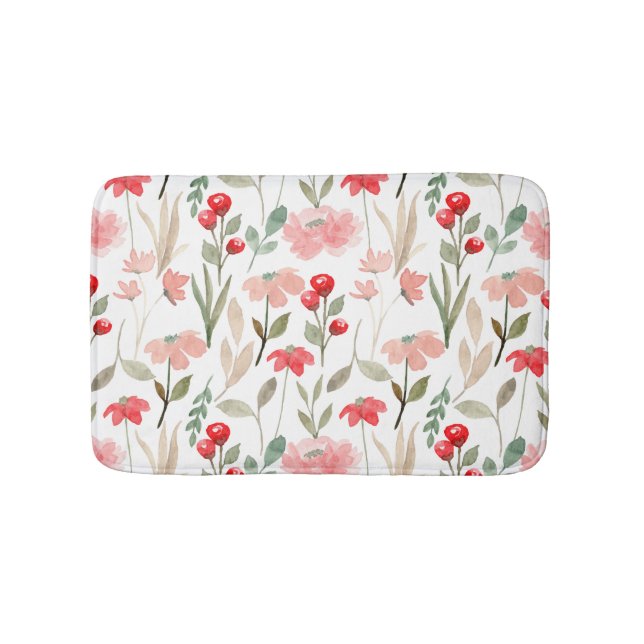 Modern Berry Cherry Floral Pattern Bath Mat (Front)