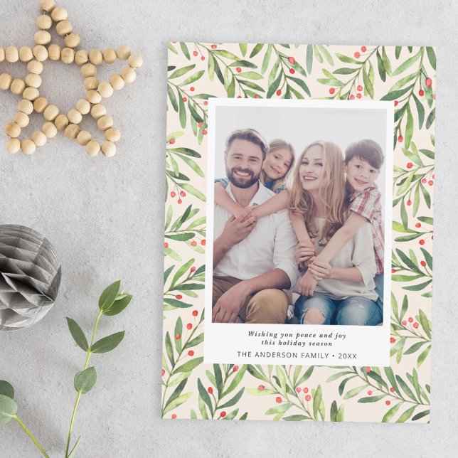 Modern Berry Greenery Christmas Photo Cream Holiday Card (Creator Uploaded)