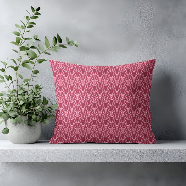 Modern Berry Red Japanese Wave Pattern Throw Pillow (Creator Uploaded)