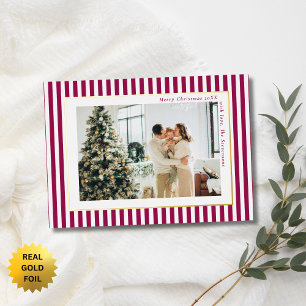 Modern Berry Red Stripes Photo Christmas Gold Foil Holiday Card