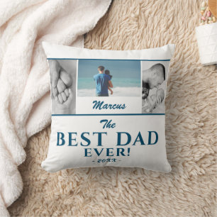 Modern Best Dad Blue Father`s Day 3 Photo Collage Throw Pillow