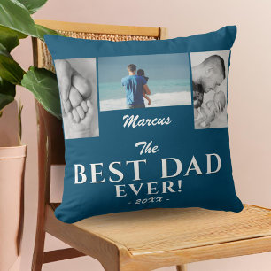 Modern Best Dad Blue Father`s Day 3 Photo Collage Throw Pillow