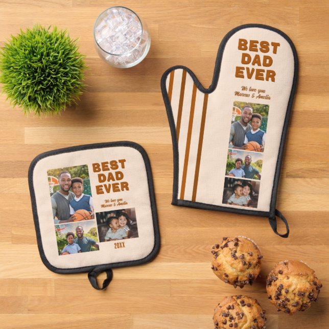 Modern Best Dad Ever 3 Photo Collage Father's Day  Oven Mitt & Pot Holder Set (Top Down)