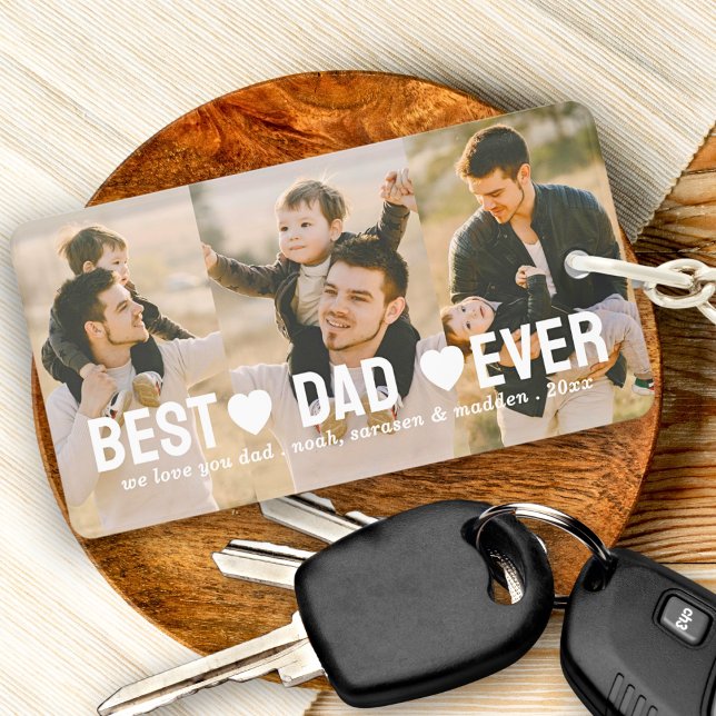 Modern Best Dad Ever 3 Photo Collage Hearts Custom Keychain (Creator Uploaded)