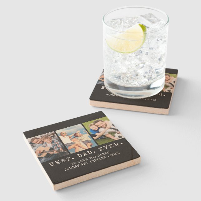 Modern BEST DAD EVER 3 Photos Personalized Stone Coaster (Side)