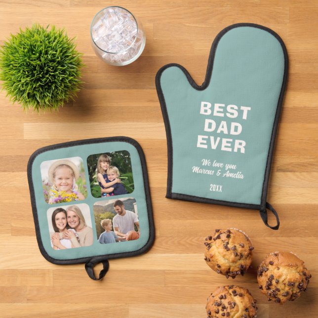 Modern Best Dad Ever 4 Photo Collage Father's Day  Oven Mitt & Pot Holder Set (Top Down)