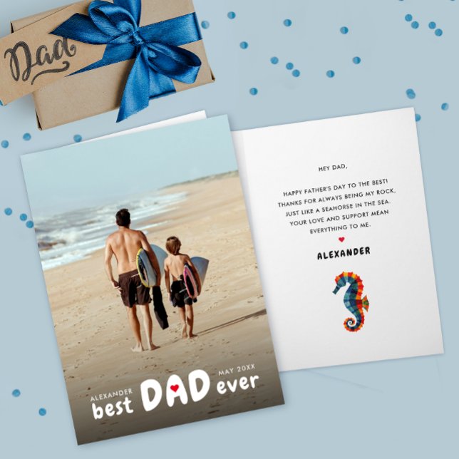 Modern Best Dad Ever Father Love Seahorse Photo Card (Creator Uploaded)