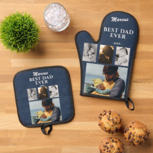 Modern Best Dad Ever Father`s Day Keepsake 4 Photo Oven Mitt & Pot Holder Set