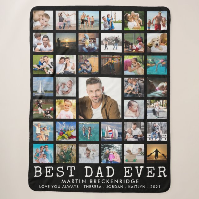 Modern BEST DAD EVER Photo Collage Your Text Black Sherpa Blanket (Front)