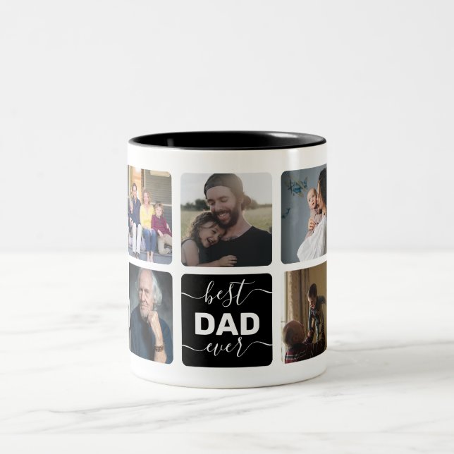Modern Best DAD Ever Script Simple 9 Photo Collage Two-Tone Coffee Mug (Center)
